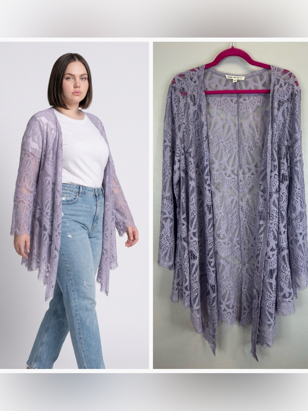 Lilac Lace Open Front Draped Cardigan Lightweight Layer Boho Hippie Size 1X Plus
